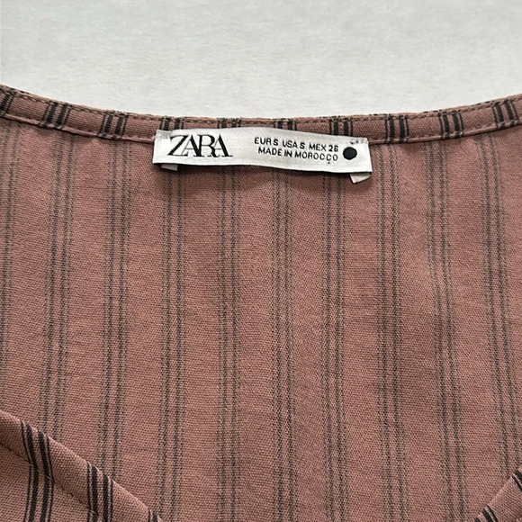 Zara Ruffled Ruched Dress V Neck Short Sleeve Brown Black Stripes Size Small - Picture 8 of 11
